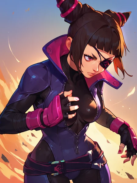 score_9, score_8_up, score_7_up, anime,
standing, cowboy shot,
jurims, sfv, 1girl, solo, fingerless gloves, hair horns, bodysuit, eyepatch,
<lora:Juri_PonyXL:1>, <lora:Smooth Anime Style LoRA XL:1>