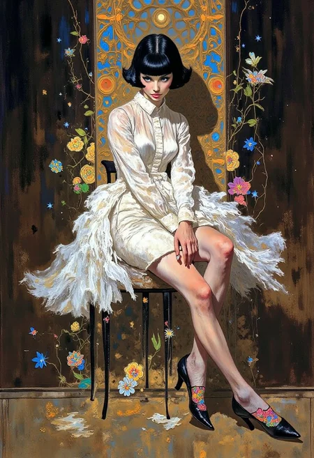 (robmc1 illustration, DB4RZ, DB4RZ style painting): A hyper-realistic full-body illustration of an Asian woman with a sleek black bowl-cut hairstyle, her razor-sharp bangs perfectly concealing her eyes, casting a mysterious shadow across her porcelain-like skin. Her pale, glossy complexion gleams with an oily finish, giving her an ethereal, avant-garde presence. She dons a Ballets Ruffled Dress in crisp, immaculate white, crafted from a luxurious blend of cotton and polyester. The dress features full sleeves, a stand collar, a single-breasted closure, and cascading ruffles that add delicate charm to its casual yet surreal design. Her feet are adorned with black leather high-heel shoes embellished with surreal iridescent floral patterns, shimmering like jewels under soft, focused lighting. She strikes a dynamic, avant-garde pose, her body tilted slightly with one arm extended gracefully while the other rests near her waist, exuding elegance and controlled intensity. The background is a deep, pitch-black void illuminated by glowing, sparkling golden grills that form intricate geometric patterns, creating a dramatic, high-fashion atmosphere. The illustration captures every fine detail, with fluid lines and soft shading bringing out stunning clarity and depth, inspired by Alexander McQueen's visionary designs.