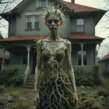 PXDlichenmutant lady, vine, standing in front of a house, organic dress, amazing shot, natural lighting, analog photo, detailed 4k, close shot, make-up,