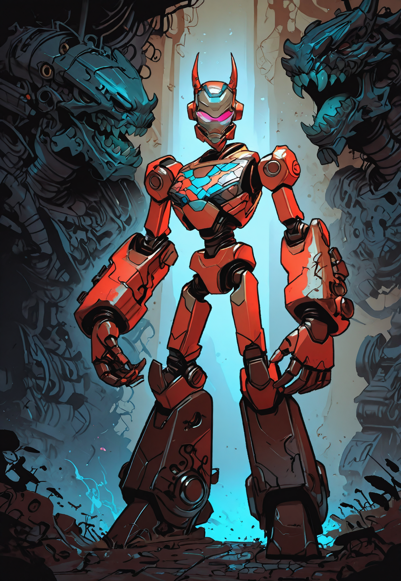 MythAn1m3, INCASE Style,   Title: "Detailed Illustration - Futuristic Armored Figure"  Art Style: A detailed and intricate illustration reminiscent of traditional Japanese art, with a focus on bold lines, sharp contrasts, and a rich color palette dominated by red, white, and black. The style emphasizes complexity, depth, and a sense of power.  Subject & Details: The main subject is a humanoid robot with a complex mechanical design, featuring a helmet with a visor, sharp teeth, and intricate patterns and textures. The robot's body is adorned with various mechanical components, gears, and other mechanical parts, all meticulously arranged to create a sense of depth and complexity.  Visual Elements: The figure's complex mechanical design, helmet with visor, sharp teeth, and intricate patterns and textures contribute to the detailed and powerful appearance of the image. The minimalistic background allows for focus on the robot's detailed design without distraction. The overall color palette is dominated by red, white, and black, emphasizing the intensity and power conveyed in the illustration.  Composition: The composition focuses on the detailed and intricate design of the humanoid robot, with a minimalistic background to allow for focus solely on the figure's complex mechanical elements. Attention to detail in the character's facial expressions, body language, and physical characteristics helps create an immersive experience that tells a story or evokes emotions without relying on text. The overall color palette and bold lines add depth and visual interest to the image while emphasizing the sense of power conveyed.  Additional Details: The detailed illustration of the futuristic armored figure exudes intensity and power, with the traditional Japanese art style contributing to a sense of complexity and depth. The focus on bold lines, sharp contrasts, and a rich color palette draws the viewer in and invites them to explore the intricate details of the humanoid robot's design. solo, red_eyes, horns, teeth, no_humans, sharp_teeth, robot, mecha, science_fiction