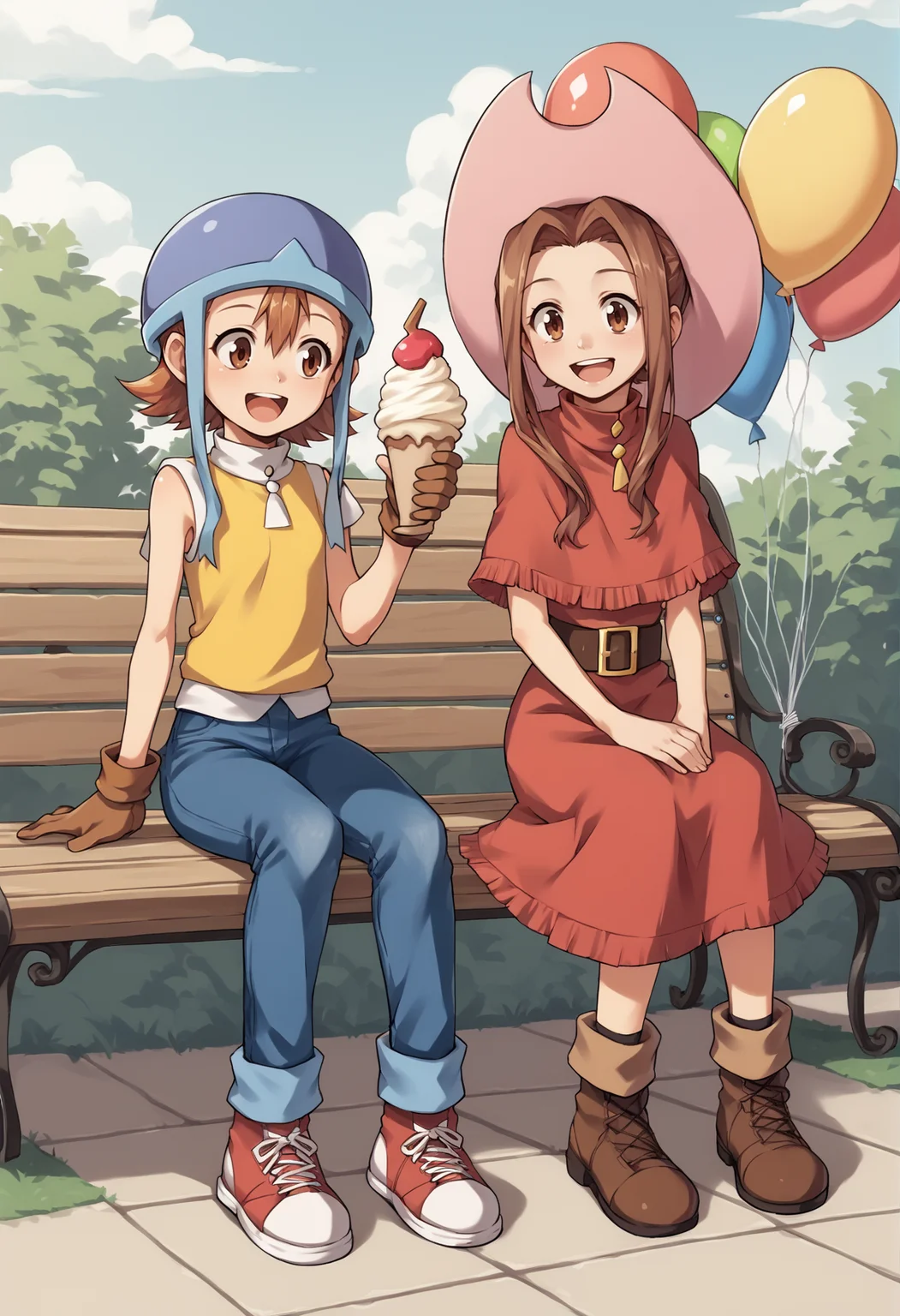 2girls, mimi, long hair, sidelocks, ponytail, brown eyes, red dress, capelet, brown gloves, belt, skirt, cowboy hat, sora, short hair, brown eyes, helmet, blue headwear, yellow t-shirt, sleeveless, high collar, red gloves, jeans, sneakers, boots, sitting, bench, balloon, icecream, smile, talking, open mouth, outdoors, park <lora:MimiSora:1>, score_9, score_8_up, score_7_up, score_6_up, score_5_up, score_4_up, BREAK source_anime, masterpiece