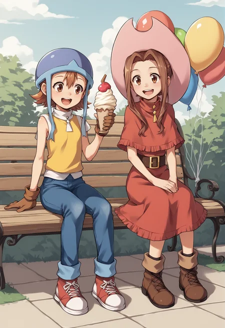 2girls, mimi, long hair, sidelocks, ponytail, brown eyes, red dress, capelet, brown gloves, belt, skirt, cowboy hat, sora, short hair, brown eyes, helmet, blue headwear, yellow t-shirt, sleeveless, high collar, red gloves, jeans, sneakers, boots, sitting, bench, balloon, icecream, smile, talking, open mouth, outdoors, park <lora:MimiSora:1>, score_9, score_8_up, score_7_up, score_6_up, score_5_up, score_4_up, BREAK source_anime, masterpiece