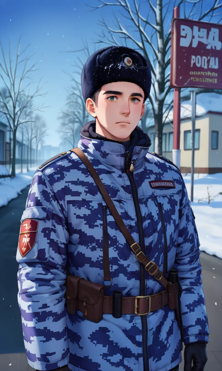 anime studio, anime artwork, anime artstyle, vibrant, score_9, score_8_up, score_7_up, source_anime, 1boy, solo, glavakolhoza_rosgvardiya, outdoors, snowy, military uniform, (dark blue camouflage:1.2), winter jacket, winter cap, unit patch, standing, looking at viewer, <lora:glavakolhoza_rosgvardiya:0.75>, from behind