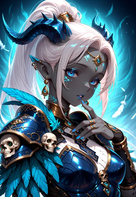 masterpiece, best quality, absurdres, very aesthetic, high score, anptzisksk, isekai, 1girl, solo, long hair, looking at viewer, blue eyes, jewelry, upper body, ponytail, white hair, earrings, parted lips, horns, pointy ears, dark skin, nail polish, armor, dark-skinned female, colored skin, feathers, shoulder armor, portrait, blue nails, skull, grey skin