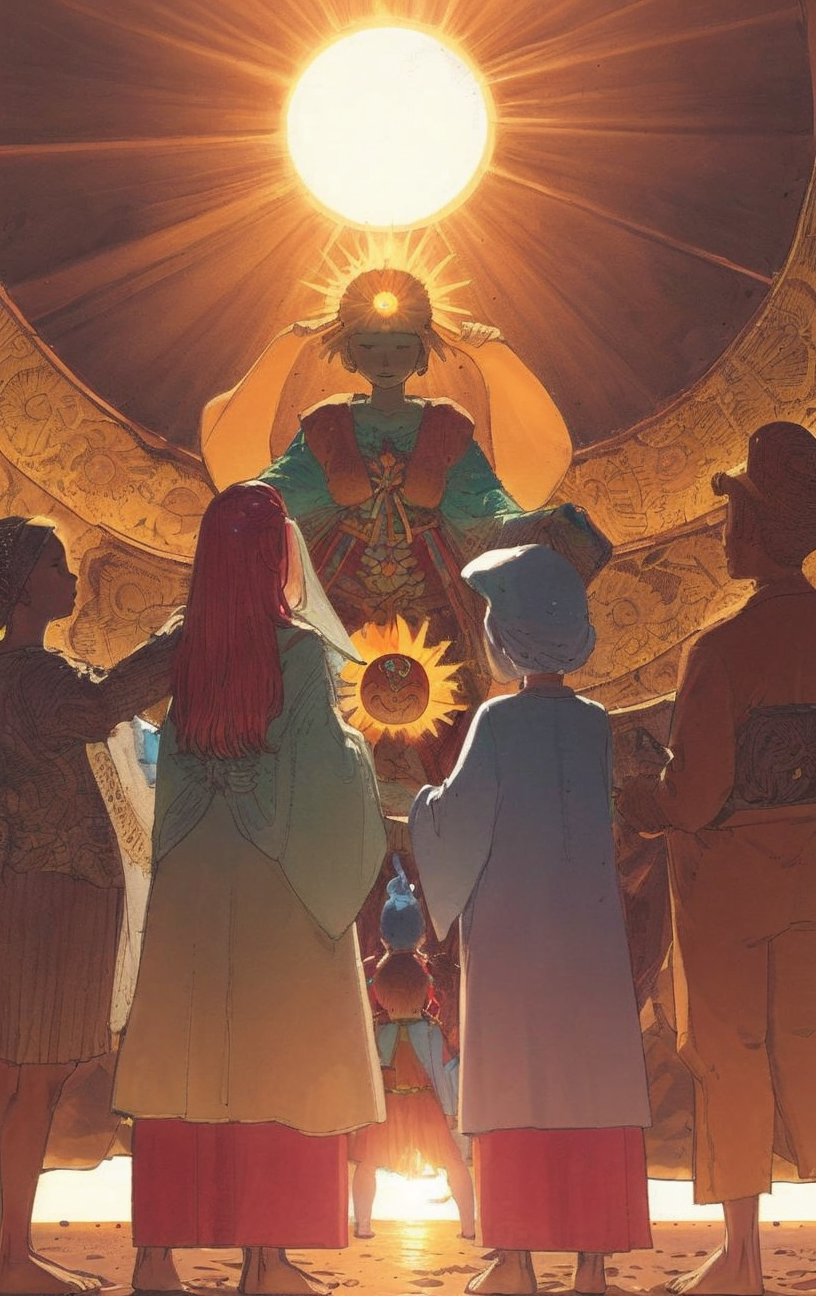 artwork <lora:Moebius:1>, Medium Shot of a family, magical realm, seashell,sun,cultural festival