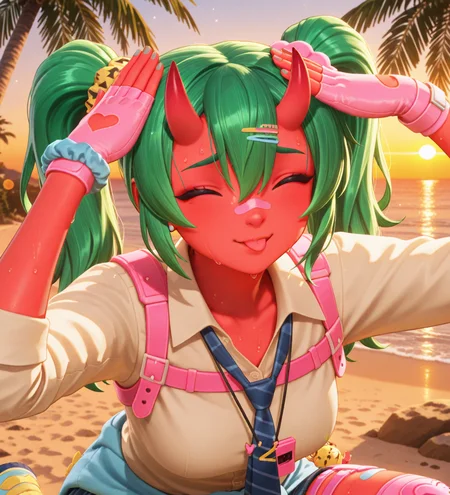 (dance, sparkling, happy, smile:1.2), (portrait, AhEtoBlehMeme, closed eyes, tongue out, :p, hands on own head, smile, looking at viewer, depth of field, bokeh, sunset, golden hour, beach, sand, palm tree, ocean, rocks, detailed background:1.5), fortnite_nemia, 1girl, solo, green hair, twintails, ponytail, long hair, bangs, hair between eyes, hair over one eye, ears, horns, oni horns, single horn, red skin, pink skin, blue eyes, parted lips, bandaid, bandaid on nose, bandaid on thighs, breasts, shirt, school uniform, necktie, plaid skirt, thighhighs, socks, loose socks, boots, jewelry, earrings, bracelet, charm, belt, gloves, fingerless gloves, knee pads, leg warmers, collarbone, solo, colored skin, hair ornament, hairclip, scrunchie, holster, striped necktie, clothes around waist, oni, plaid, charm (object), blue necktie, sweater around waist, animal print, heart, shoes, star (symbol), thigh holster, (female focus, female_focus, sweating, sweat:1.8), <lora:Fortnite_Nemia_Demonically_Cute_Set_ILXL_E41_16_DIM:0.7>, <lora:dmd2_sdxl_4step_lora:1> <lora:AhEtoBlehMeme_illusXLNoobAI_Incrs_v1:1>