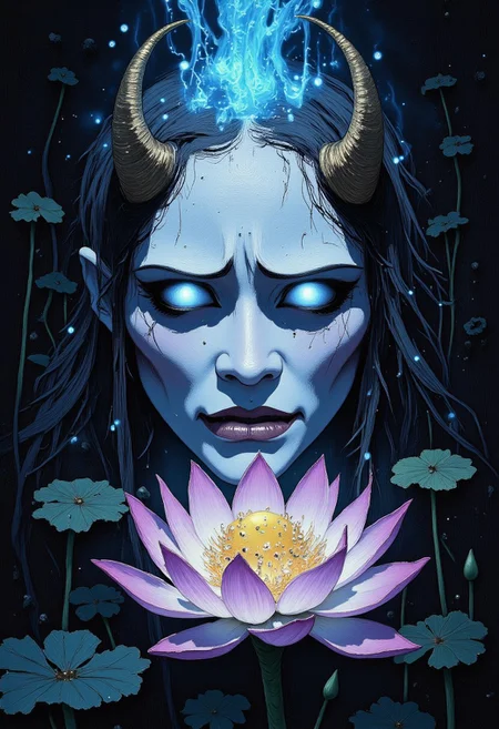 high definition digital animation depicting a cursed hannya mask radiating an eerie cyan and magenta aura blooming out of a blue lotus in a liminal bonsai garden, Studio Ghibli Dark Fairytale