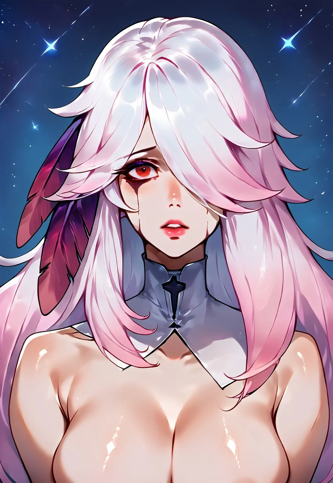 safe_pos, SCORE_9, SOURCE_ANIME, SOLO, 1GIRL, CHIARA, WHITE HAIR, PINK HAIR, GRADIENT HAIR, RED EYES, HAIR OVER ONE EYE, HAIR FEATHERS, CRYING MAKEUP, NUDE, GUIMPE, HUGE TIT, OUTER SPACE, DISTANT GALAXY, SCI FI