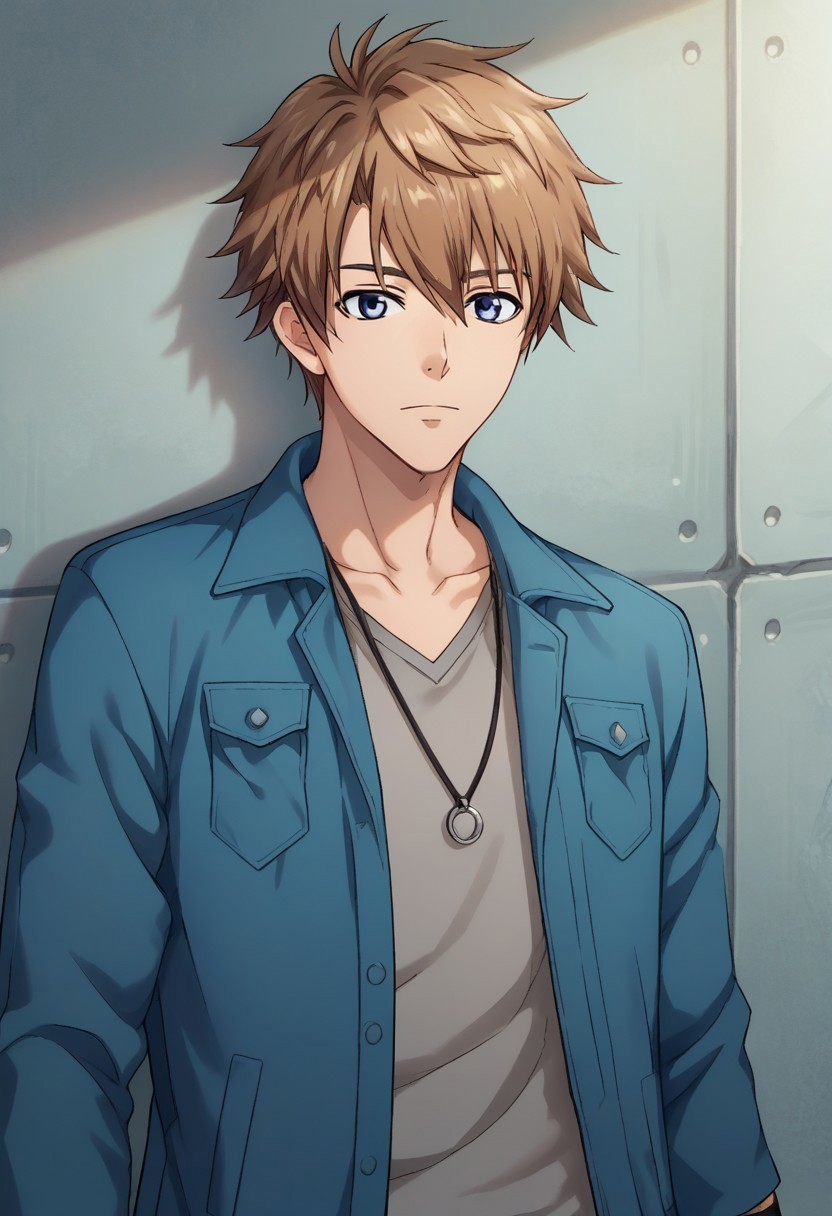 score_9, score_8_up, score_7_up, source_anime, highly detailed,

yuto, 1boy, male focus, solo, brown hair, hair between eyes, blue eyes, collarbone, jacket, blue jacket, open jacket, open clothes, shirt, grey shirt, wristband, pants, upper body,

indoor, 
