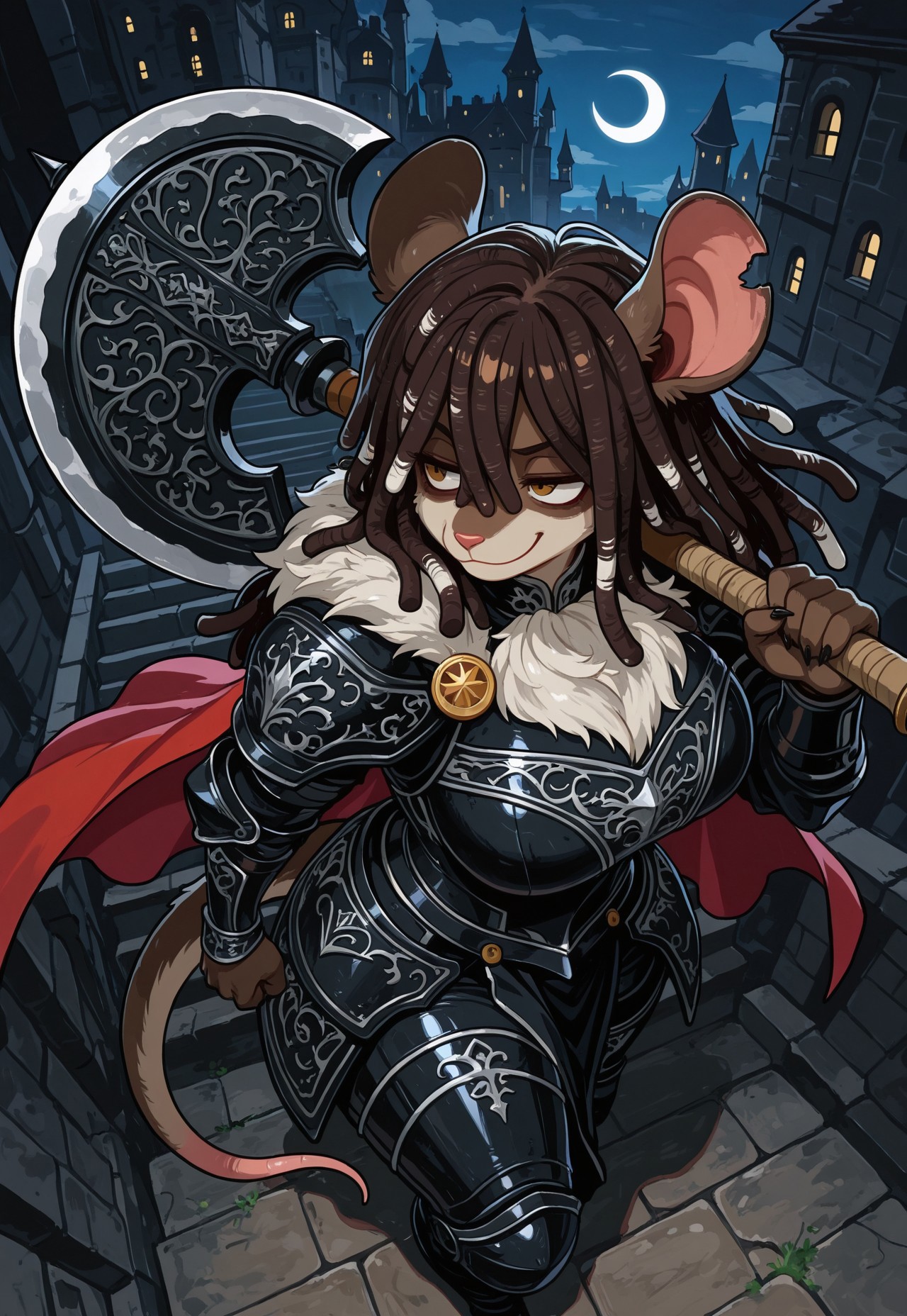 newest, very aesthetic, 
 score_9, score_8_up, score_7_up, high quality, newest, highres, (close up), solo, 1 ratgirl, fur around neck, armored, fur along armor, (black armor), female knight, gray fur, royalty, (furry), curvy, long hair, wavy hair, wild hair:2, dreadlocks, (large dreadlocks), puffy dreadlocks, from above, seated, tattered cape, resting axe on shoulder, white highlights, wielding large axe, crescent shaped axe, action pose, swinging axe, battle pose, smirk, smug, on stairway, stepping up, (dark brown fur), countershade fur, rat tail, rat ears, (huge breasts), holding axe, pose, dynamic angle,  flowing cape, curvy, seductive gaze, lustrous armor, (large breasts:2), castle in background, night, moonlight, (castle town), town street, portrait,
,  black lighting, thin white outline, (sharp detail), masterpiece ,amazing quality, (intricate details:2) ,
