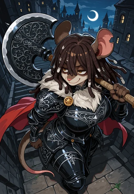 newest, very aesthetic,
score_9, score_8_up, score_7_up, high quality, newest, highres, (close up), solo, 1 ratgirl, fur around neck, armored, fur along armor, (black armor), female knight, gray fur, royalty, (furry), curvy, long hair, wavy hair, wild hair:2, dreadlocks, (large dreadlocks), puffy dreadlocks, from above, seated, tattered cape, resting axe on shoulder, white highlights, wielding large axe, crescent shaped axe, action pose, swinging axe, battle pose, smirk, smug, on stairway, stepping up, (dark brown fur), countershade fur, rat tail, rat ears, (huge breasts), holding axe, pose, dynamic angle, flowing cape, curvy, seductive gaze, lustrous armor, (large breasts:2), castle in background, night, moonlight, (castle town), town street, portrait,
, black lighting, thin white outline, (sharp detail), masterpiece ,amazing quality, (intricate details:2) ,