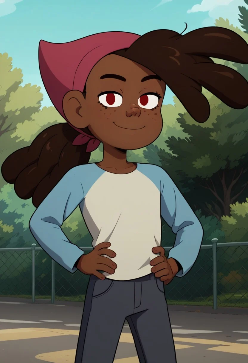 ((bedroom background)),score_9, score_8_up, score_7_up,score_6_up,
1girl, Solo, Maya_Cotc, brown skin, dark red eyes, freckles, thick hair, hairstyle ponytail, dark brown hair, magenta bandana on hair, white shirt with light blue long sleeves, blueish-gray pants, white socks with one red line, sea-green shoes, big eyes, medium stature, social smile, close-up, cowboyshot, perfect eyes, perfect smile, looking at the viewer, detailed eyes, perfect eyes, very close-up, cute, standing, head on, hands on hips, front pose