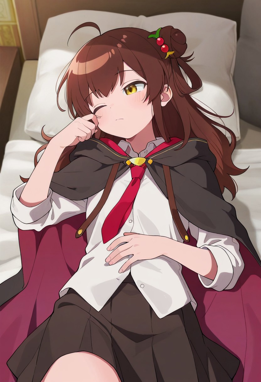 masterpiece,best quality,amazing quality,raspberry meg, long hair, brown hair, golden eyes, hair bun, 1girl, one eye closed, solo, hair ornament, ahoge, skirt, shirt, white shirt, necktie, lying, cloak, pillow, indoors