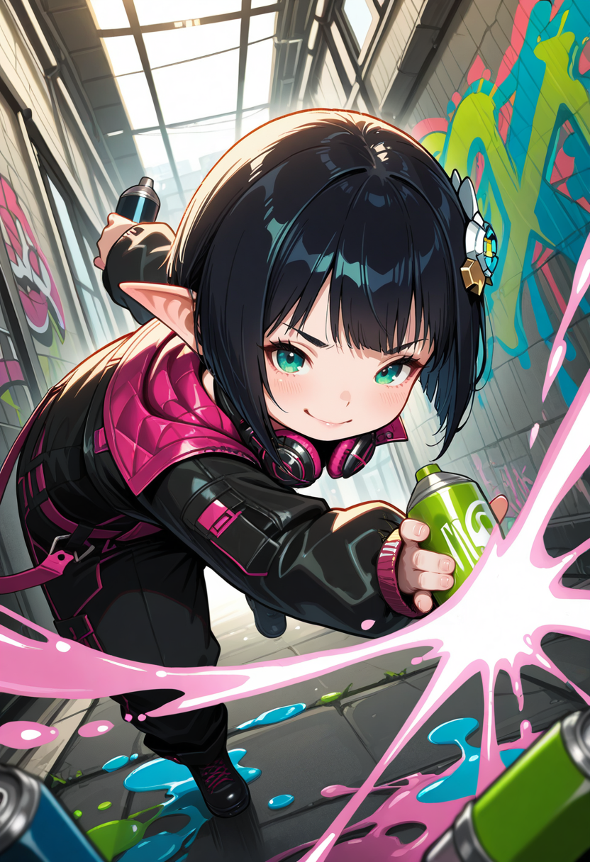 <lora:sr1ot:0.8>Sr1ot,smile,short hair,black hair,hair ornament,green eyes,pointy ears,headphones around neck,paint,graffiti,lalafell,spray can,black jacket,black pants,smug,dynamic pose, very awa, masterpiece, best quality, amazing quality, very aesthetic, absurdres, sensitive, newest <lora:spo_sdxl_10ep_4k-data_lora_webui:0.7>,