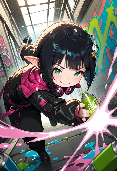 <lora:sr1ot:0.8>Sr1ot,smile,short hair,black hair,hair ornament,green eyes,pointy ears,headphones around neck,paint,graffiti,lalafell,spray can,black jacket,black pants,smug,dynamic pose, very awa, masterpiece, best quality, amazing quality, very aesthetic, absurdres, sensitive, newest <lora:spo_sdxl_10ep_4k-data_lora_webui:0.7>,
