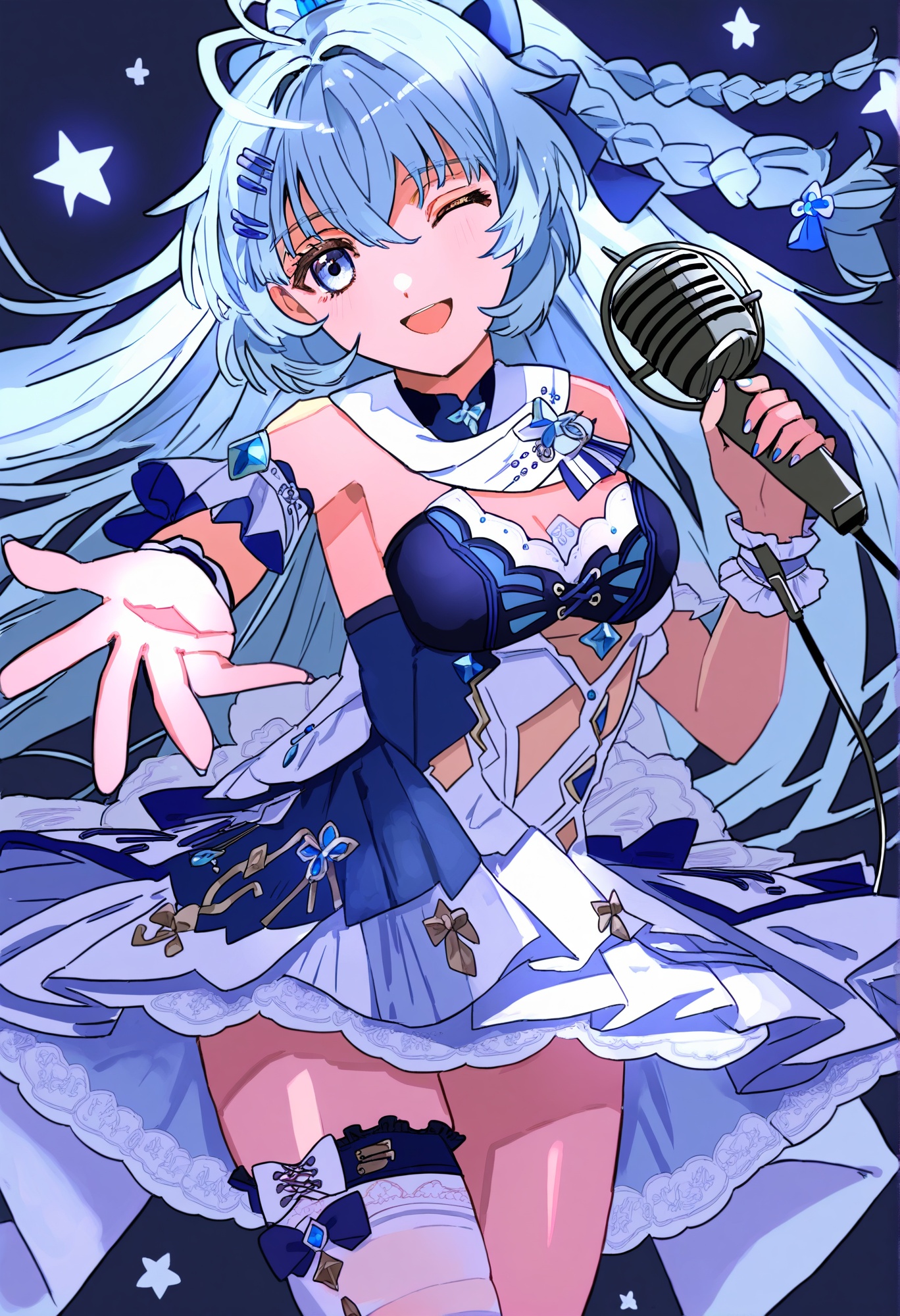 shigure_kira, 1girl,solo,long hair,breasts,looking at viewer,smile,open mouth,bangs,blue eyes,simple background,hair ornament,thighhighs,dress,holding,bare shoulders,ponytail,braid,one eye closed,white thighhighs,outstretched arm,single thighhigh,microphone,single glove,holding microphone
,[by qooo003],
,action pose,best quality, very aesthetic
<lora:sigureXL_08-000040:0.85>