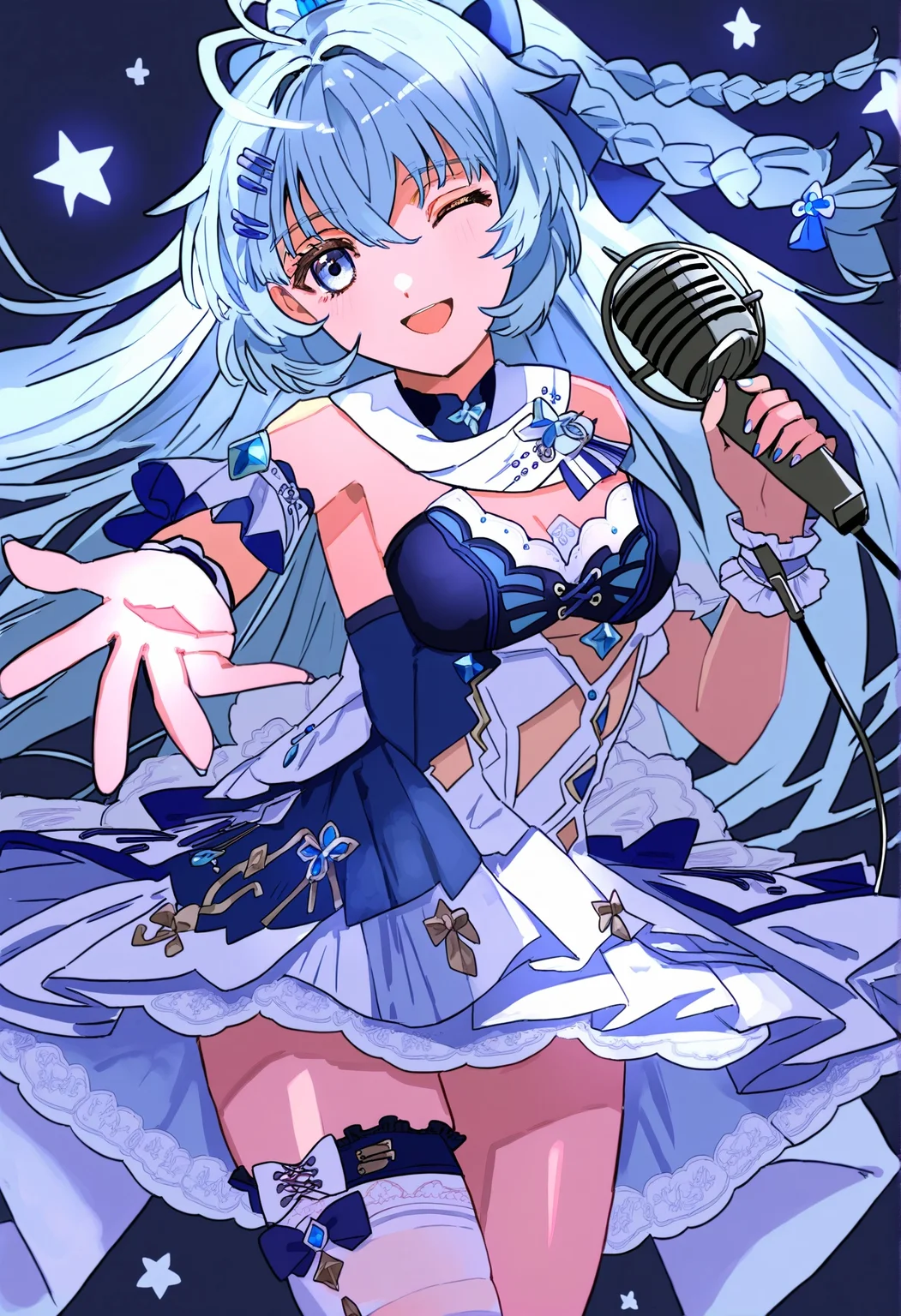 shigure_kira, 1girl,solo,long hair,breasts,looking at viewer,smile,open mouth,bangs,blue eyes,simple background,hair ornament,thighhighs,dress,holding,bare shoulders,ponytail,braid,one eye closed,white thighhighs,outstretched arm,single thighhigh,microphone,single glove,holding microphone
,[by qooo003],
,action pose,best quality, very aesthetic
<lora:sigureXL_08-000040:0.85>