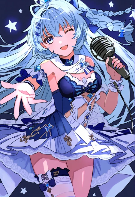 shigure_kira, 1girl,solo,long hair,breasts,looking at viewer,smile,open mouth,bangs,blue eyes,simple background,hair ornament,thighhighs,dress,holding,bare shoulders,ponytail,braid,one eye closed,white thighhighs,outstretched arm,single thighhigh,microphone,single glove,holding microphone
,[by qooo003],
,action pose,best quality, very aesthetic
<lora:sigureXL_08-000040:0.85>