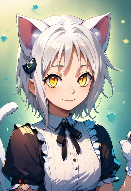 score_9, score_8_up, score_7_up, score_6_up,
detailed face, cute, masterpiece, best quality,
detailed background,
solo, 1girl, Koneko, white hair, yellow eyes, cat hairclip, gloves, white cat ears, white cat tail, easynegative, maid, smiling