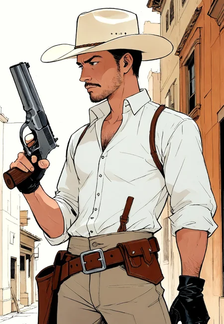 Art by moebius, Illustration, Style inspired by combining the art of Ryo Takemasa and Mike Mignola, J.C. Leyendecker Style page, best quality, masterpiece, dark, closeup, (Cel Shaded Art, 2D, flat color, toon shading, cel shaded style), close up from below of a Western gunslinger, black eyes and short straight hair, wearing a cowboydress with a cowboy hat a, the gunslinger is standing in a busy wildest city street, gunslinger stands contrapposto, one hand on the swm29