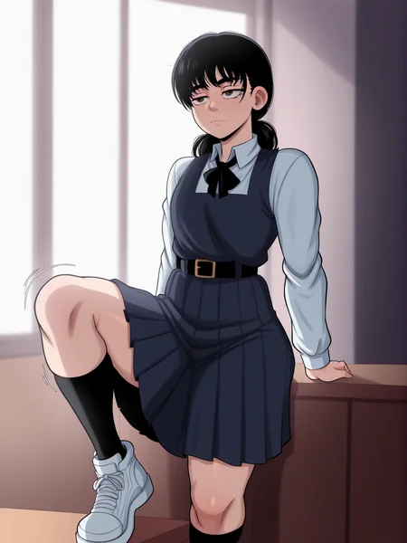 (masterpiece, amazing quality, best quality), <lora:blackwhiplash(bwl)-guy90-Illust-Lycorisv1:1>, blaash, motion lines, cinematic lighting, shadows, lighting,
<lora:Asa:1>, mitaka asa, 1girl, solo, long hair, low twintails, twintails, black hair,
shirt, white shirt, collared shirt, long sleeves, dress, sleeveless dress, blue dress, pinafore dress, pleated dress, school uniform, fourth east high school uniform, bow, ribbon, neck ribbon, black ribbon, bowtie, black bowtie, black bow, skirt, belt, black belt, belt buckle, socks, black socks, shoes, white footwear, sneakers
brown eyes,