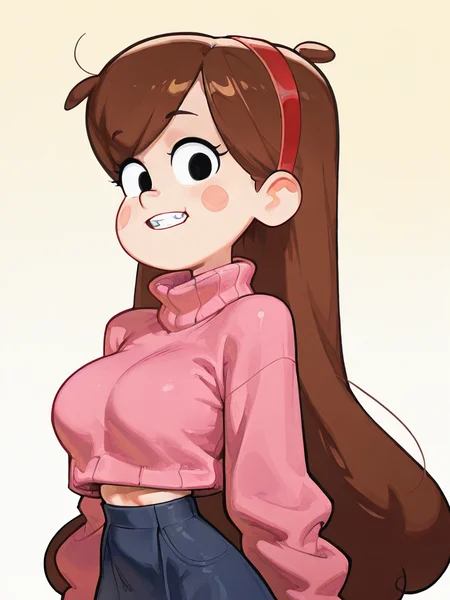 <lora:mabelillustrious:1>, mabelillustrious, long hair, brown hair, 1girl, solo, hairband, blush stickers, pink sweater, looking at viewer, black eyes, turtleneck, long sleeves, teeth, turtleneck pink sweater, red hairband, jewelry, skirt, very long hair, large breasts, crop top, bare waist, sexy waist, wasp waist