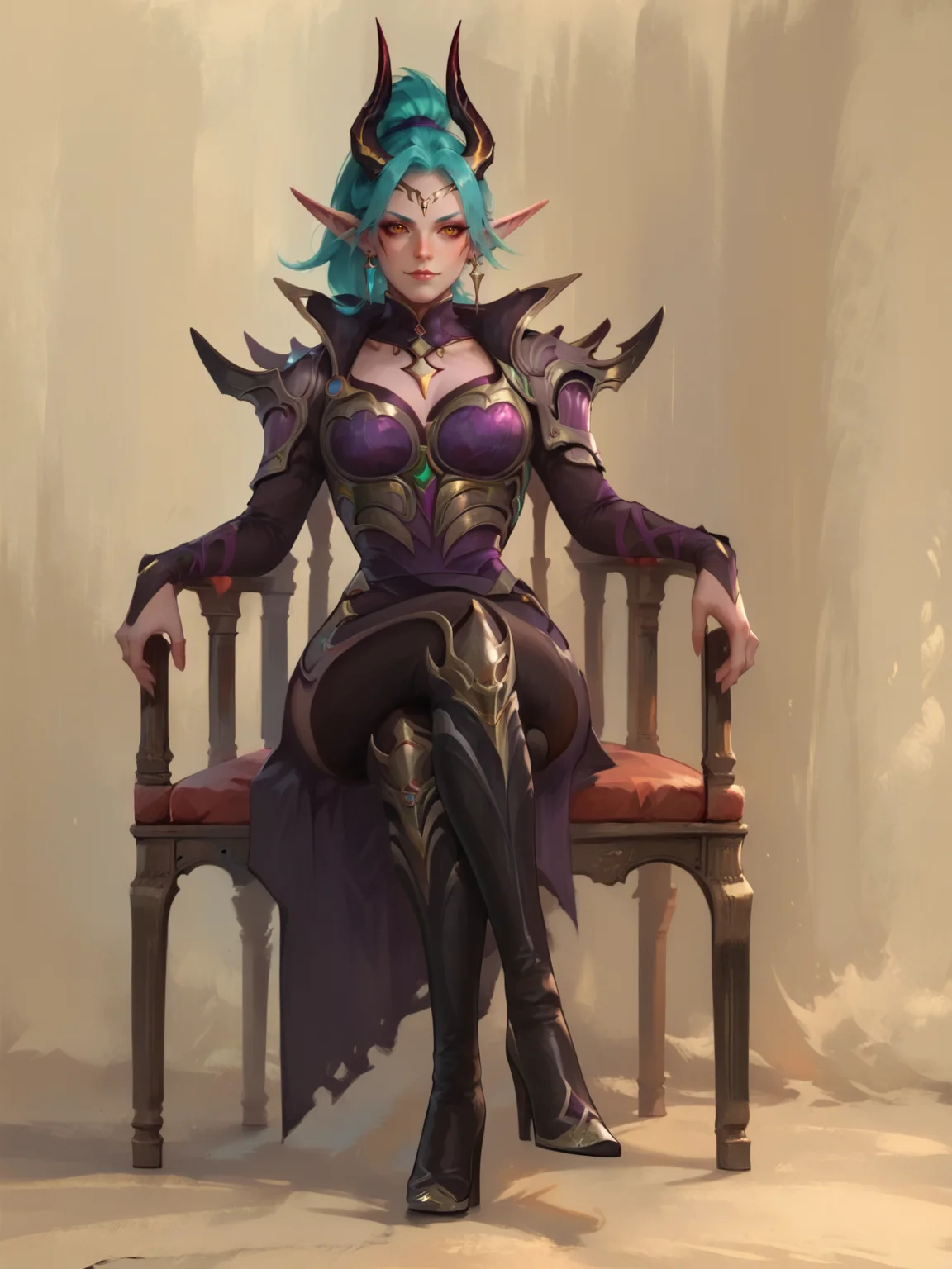 score_9, score_8_up, score_7_up, BREAK, Karina, 1girl, solo, turquoise ponytail hair, long ears, diadem with horns, golden eyes, armored shoulder pads, purple breastplate, black gloves, black pants, black boots, sitting in a luxurious armchair, smirk, arrogance look, crossed legs, wodeipoi <lora:Karina:1> <lora:wodeipoi:1>