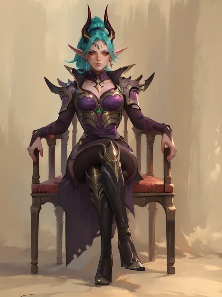 score_9, score_8_up, score_7_up, BREAK, Karina, 1girl, solo, turquoise ponytail hair, long ears, diadem with horns, golden eyes, armored shoulder pads, purple breastplate, black gloves, black pants, black boots, sitting in a luxurious armchair, smirk, arrogance look, crossed legs, wodeipoi <lora:Karina:1> <lora:wodeipoi:1>
