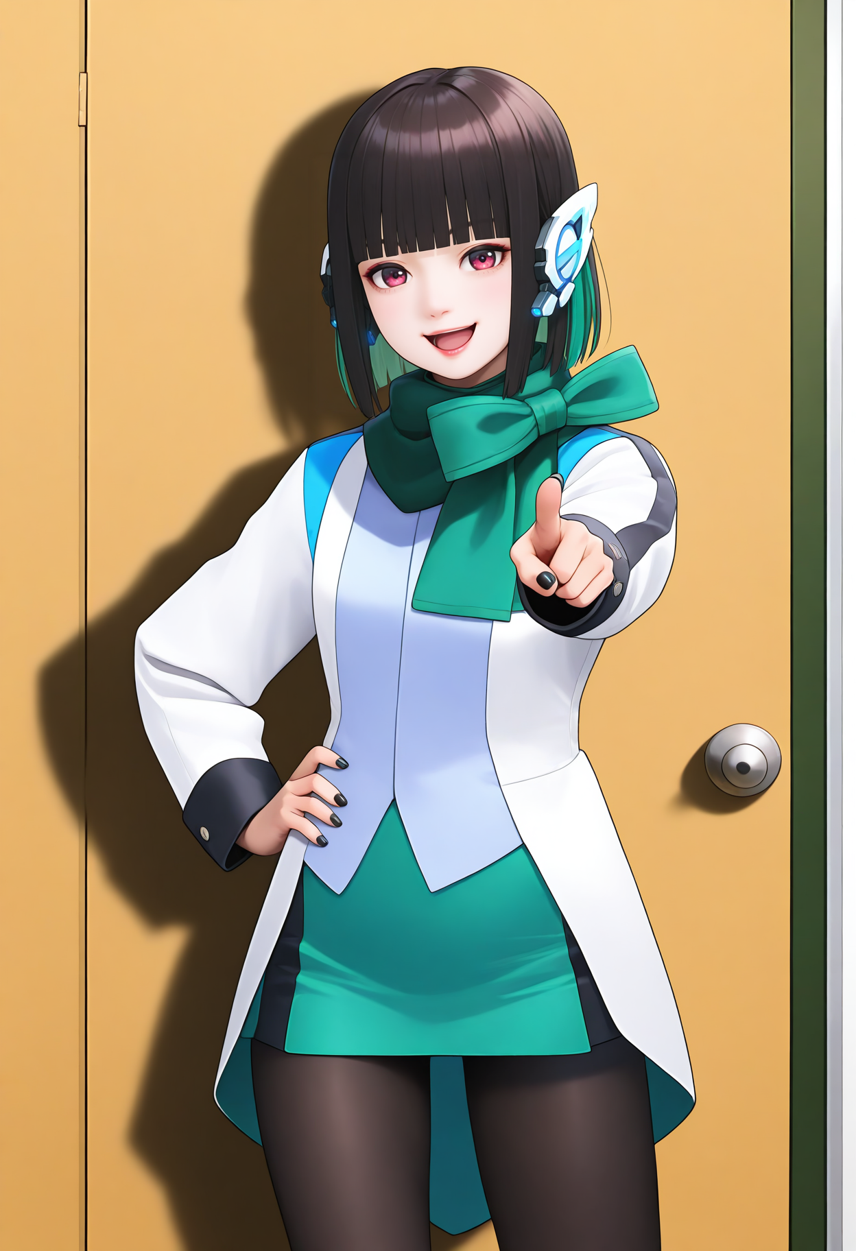 best hands, 5 fingers, perfect hand, <lora:zero-one izu_IL1.5:0.9> cowboy shot, 
zero-one izu, realistic, Asian, 1girl, solo, black hair, multicolored hair, green hair, bobbed hair, blunt bangs, robot ears, smile, open mouth, lips,
scarf, green miniskirt, Black pantyhose with green outer half on right leg, 
black nails, white Coat
BREAK indoors, Building entrance, shadow, standing,  right hand pointing at viewer, smile, left-hand hand on own hip,