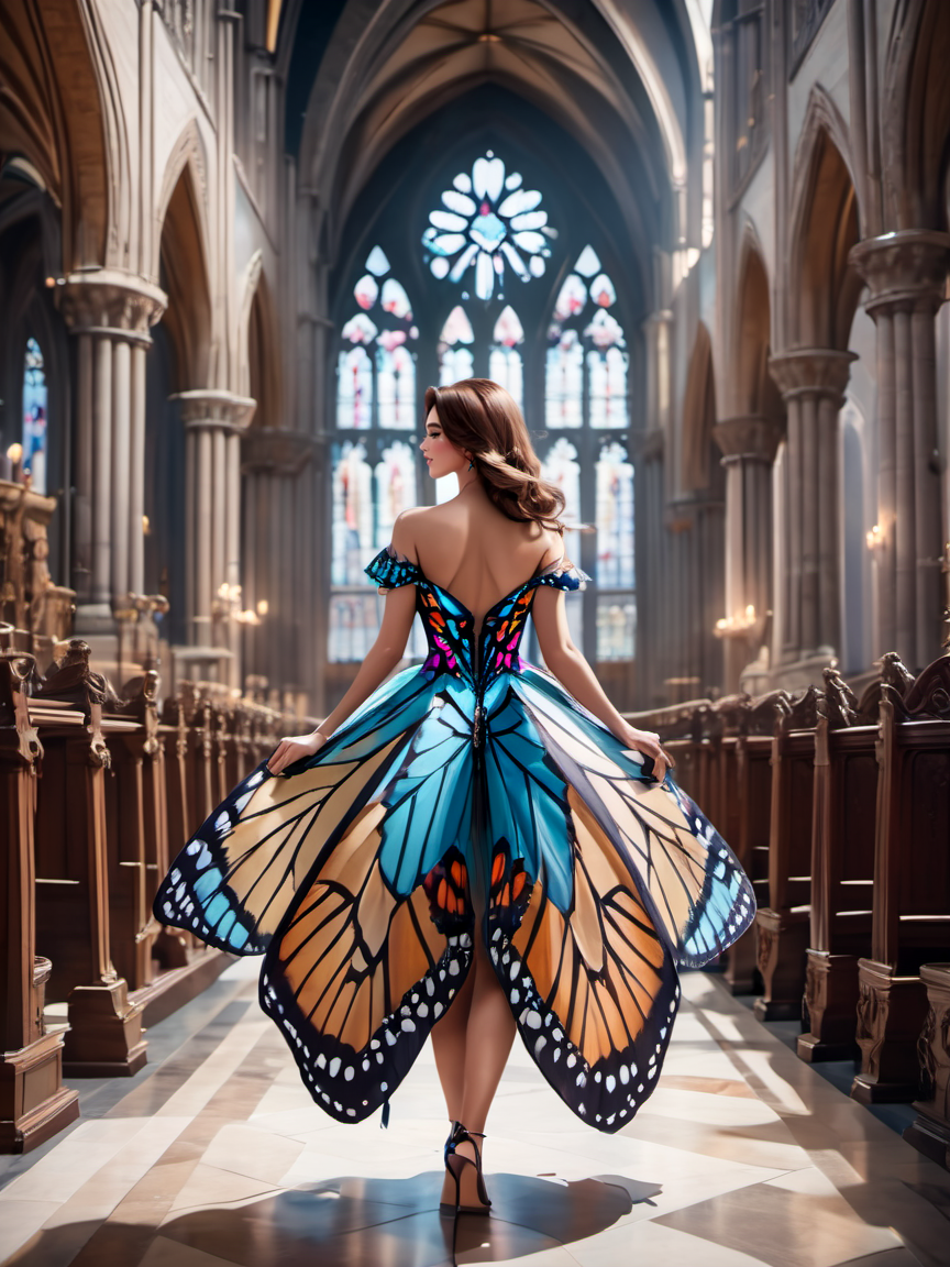 breathtaking beautiful woman wearing a (butterfly dress) in Cathedral, <lora:xl_butterfly_dress-1.0:0.8>, Running . award-winning, professional, highly detailed