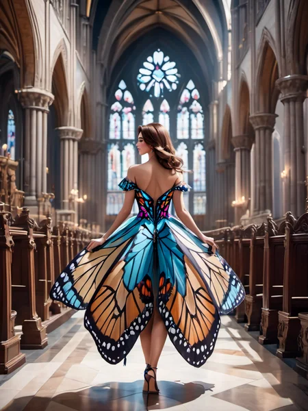 breathtaking beautiful woman wearing a (butterfly dress) in Cathedral, <lora:xl_butterfly_dress-1.0:0.8>, Running . award-winning, professional, highly detailed