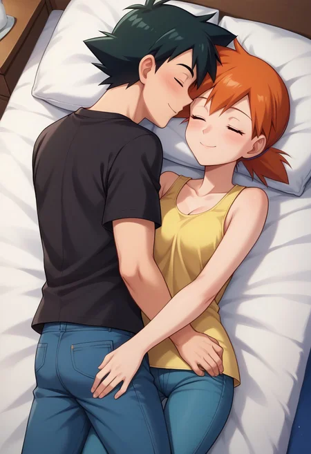 score_9, score_8_up, source_anime, highly detailed, 1 boy, skinny, ash ketchum,  male focus, black hair, jacket, shirt, black shirt, smile
1girl, misty pokemon, orange hair, yellow crop top, jeans, pretty, beautiful girl,  
photograph of a 1 couple, pajamas, bed, (((night))), bedroom, sleeping, lying on back, top view, cuddling, woman holding man in her arms, close up, masterpiece, best quality, highly detailed