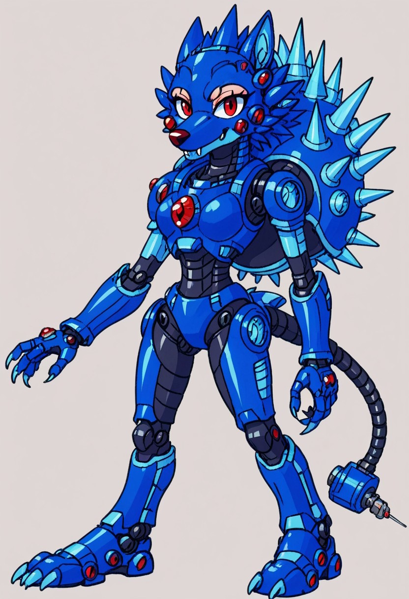 source_furry, hari harry, friender, wolf, hedgewolf, megaman, megaman3, needle wolf, spikey shell, red eyes and gem (on body), claws, robotic, friender, hedgewolf, spike, spike head, spikey shell, boss, robot, solo, (female:2), full body, looking at viewer, simple background, anthro, Artifyber_style, kind, calm