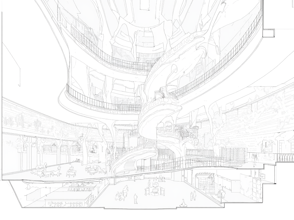 A sectional perspective drawing of a library with a dynamic, vivid interior scene. Several people are sitting and walking in the living area. The library features multiple levels, with interconnected spaces unified by curved structural elements. A large, open central atrium connects the floors visually and physically, with a sweeping ramp spiraling up to provide circulation. The architecture emphasizes fluid forms, with arches and vault-like elements supporting the floors and creating a sense of openness. The structural members appear light yet dynamic, contributing to an elegant aesthetic. The ground floor includes spaces with tables and chairs, suggesting areas for study or collaboration. The upper levels seem dedicated to reading areas and book storage, with shelves integrated into the walls. The perspective hints at a lively atmosphere, where people are reading, walking, or interacting within the space. The design prioritizes visibility and accessibility, encouraging community engagement and exploration. Large, open spaces suggest ample natural light, with potential for skylights or transparent facades. The interplay of light and shadow across the curved elements adds depth and dimension to the environment.,lineartSectionPerspectiveDrawing,lineartSectionPerspectiveDrawing