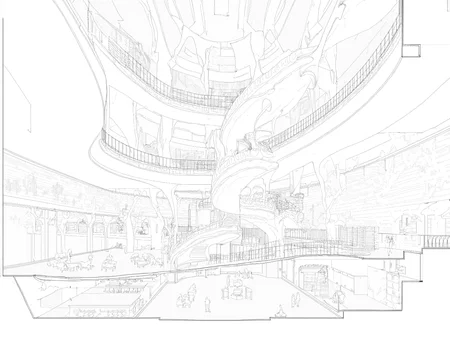 A sectional perspective drawing of a library with a dynamic, vivid interior scene. Several people are sitting and walking in the living area. The library features multiple levels, with interconnected spaces unified by curved structural elements. A large, open central atrium connects the floors visually and physically, with a sweeping ramp spiraling up to provide circulation. The architecture emphasizes fluid forms, with arches and vault-like elements supporting the floors and creating a sense of openness. The structural members appear light yet dynamic, contributing to an elegant aesthetic. The ground floor includes spaces with tables and chairs, suggesting areas for study or collaboration. The upper levels seem dedicated to reading areas and book storage, with shelves integrated into the walls. The perspective hints at a lively atmosphere, where people are reading, walking, or interacting within the space. The design prioritizes visibility and accessibility, encouraging community engagement and exploration. Large, open spaces suggest ample natural light, with potential for skylights or transparent facades. The interplay of light and shadow across the curved elements adds depth and dimension to the environment.,lineartSectionPerspectiveDrawing,lineartSectionPerspectiveDrawing