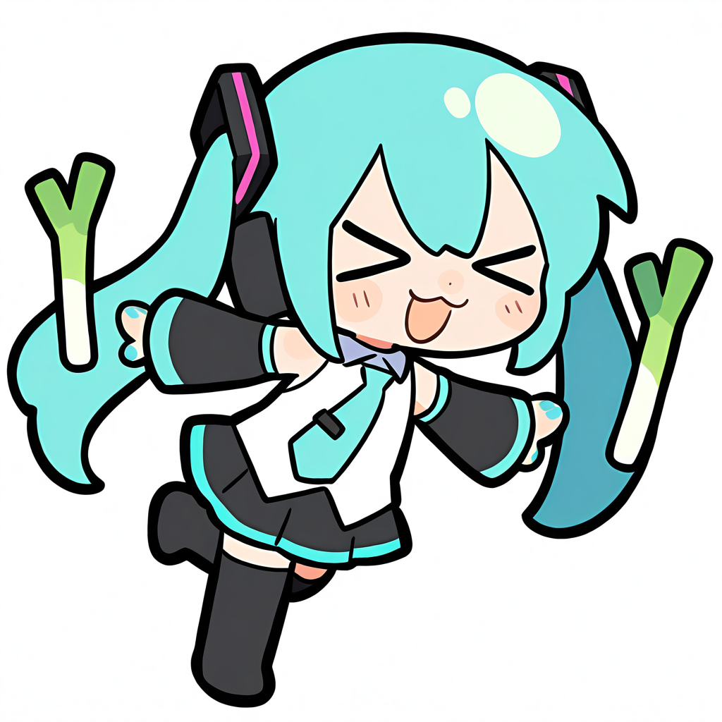 1girl, 
solo, simple background, white background, chibi, full body, pose, long hair, pleated skirt, very long hair, necktie, black skirt, detached sleeves, aqua necktie, long sleeves, boots, :3, skirt, spring onion, smile, tie clip, thigh boots, blush stickers, open mouth, shirt, white shirt, closed mouth, standing on one leg, >_<, standing, hair ornament, aqua nails, aqua eyes, closed eyes, black footwear, thighhighs, twintails,
masterpiece, best quality, very aesthetic, newest, absurdres, incredibly absurdres
 <lora:luodedaonoob-000006:1>