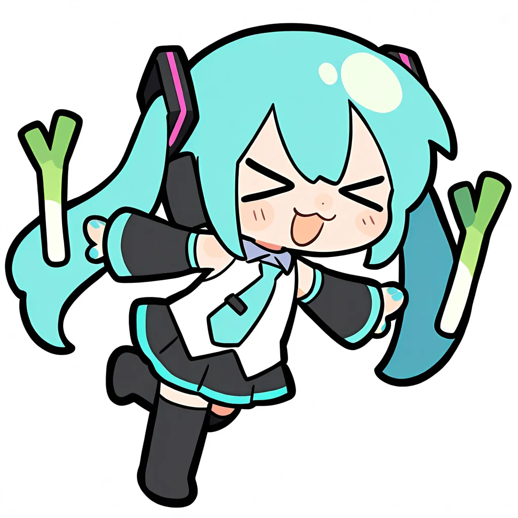 1girl, 
solo, simple background, white background, chibi, full body, pose, long hair, pleated skirt, very long hair, necktie, black skirt, detached sleeves, aqua necktie, long sleeves, boots, :3, skirt, spring onion, smile, tie clip, thigh boots, blush stickers, open mouth, shirt, white shirt, closed mouth, standing on one leg, >_<, standing, hair ornament, aqua nails, aqua eyes, closed eyes, black footwear, thighhighs, twintails,
masterpiece, best quality, very aesthetic, newest, absurdres, incredibly absurdres
 <lora:luodedaonoob-000006:1>
