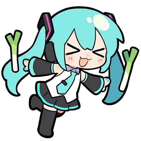 1girl,
solo, simple background, white background, chibi, full body, pose, long hair, pleated skirt, very long hair, necktie, black skirt, detached sleeves, aqua necktie, long sleeves, boots, :3, skirt, spring onion, smile, tie clip, thigh boots, blush stickers, open mouth, shirt, white shirt, closed mouth, standing on one leg, >_<, standing, hair ornament, aqua nails, aqua eyes, closed eyes, black footwear, thighhighs, twintails,
masterpiece, best quality, very aesthetic, newest, absurdres, incredibly absurdres
<lora:luodedaonoob-000006:1>