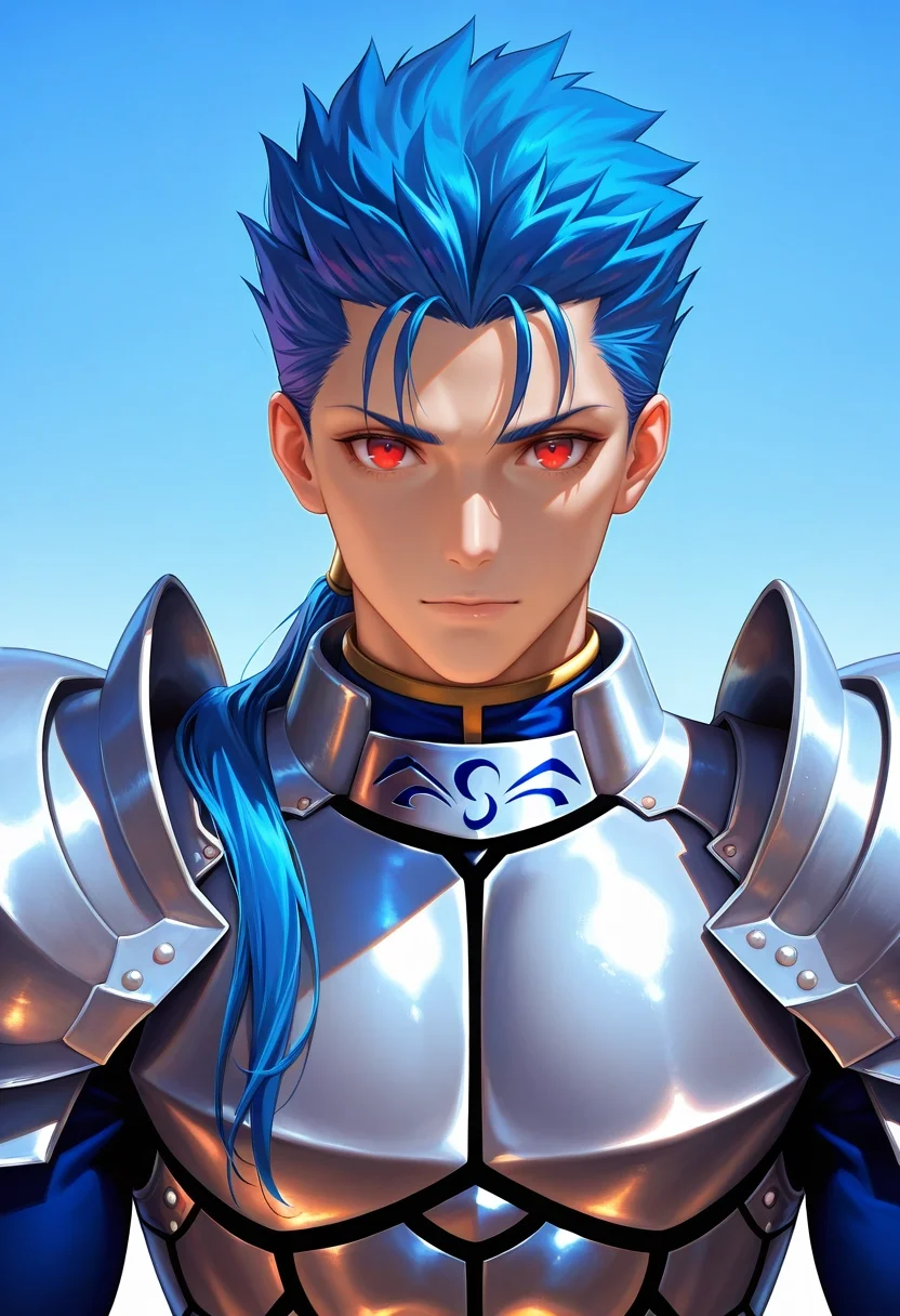 masterpiece, best quality, , (photorealistic:0.6), looking at viewer, 1boy, solo, male focus, <lora:lancer_fsn_ilxl:0.96>, lancer_fsn, fate/stay night, blue hair, red eyes, long hair, ponytail, spiked hair, , armor, shoulder armor, pauldrons, , ,