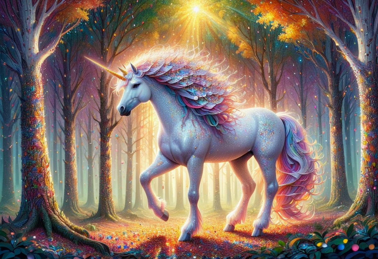 conf3tti, made of confetti, shining light, white unicorn, enchanting, warm glow, complex design, richly textured, forest landscape, trees <lora:Confetti_World_Morph:1>