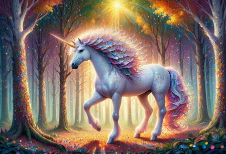 conf3tti, made of confetti, shining light, white unicorn, enchanting, warm glow, complex design, richly textured, forest landscape, trees <lora:Confetti_World_Morph:1>