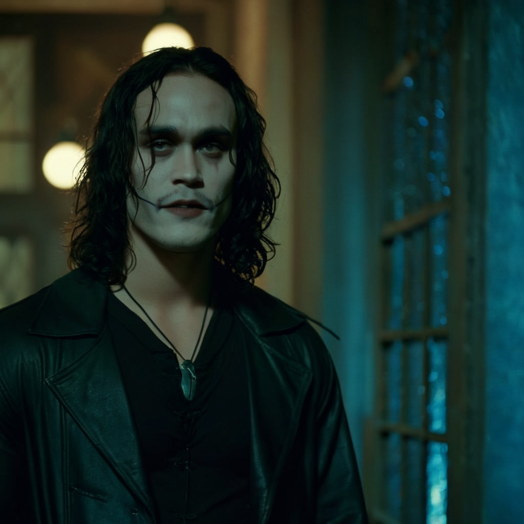 cinematic film still of  <lora:Eric Draven The Crow Movie:1.2> 
Eric Draven The Crow Movie a man with long hair and a sad face, shallow depth of field, vignette, highly detailed, high budget, bokeh, cinemascope, moody, epic, gorgeous, film grain, grainy