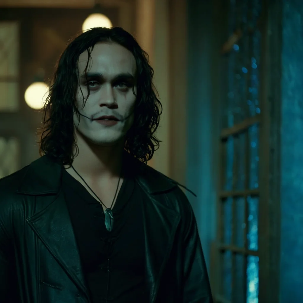 cinematic film still of <lora:Eric Draven The Crow Movie:1.2>
Eric Draven The Crow Movie a man with long hair and a sad face, shallow depth of field, vignette, highly detailed, high budget, bokeh, cinemascope, moody, epic, gorgeous, film grain, grainy