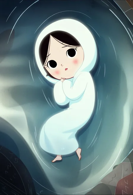 zPDXL3, source_cartoon, Perfect Hands, full body,
1girl, solo, in the water, looking at viewer, saoirse, black hair, black eyes, blush, ghost, hood up, robe, barefoot, glowing, lying under the sea, from above, lying on side, facing at viewer, feeling cold, eyes open, peaceful emotion, open mouth, sleeve past wrist, slim body, long body, highlight cloth wrinkle, anime style,
<lora:Perfect Hands:1> <lora:Saoirse_-_The_Song_of_the_Sea-000009:1>