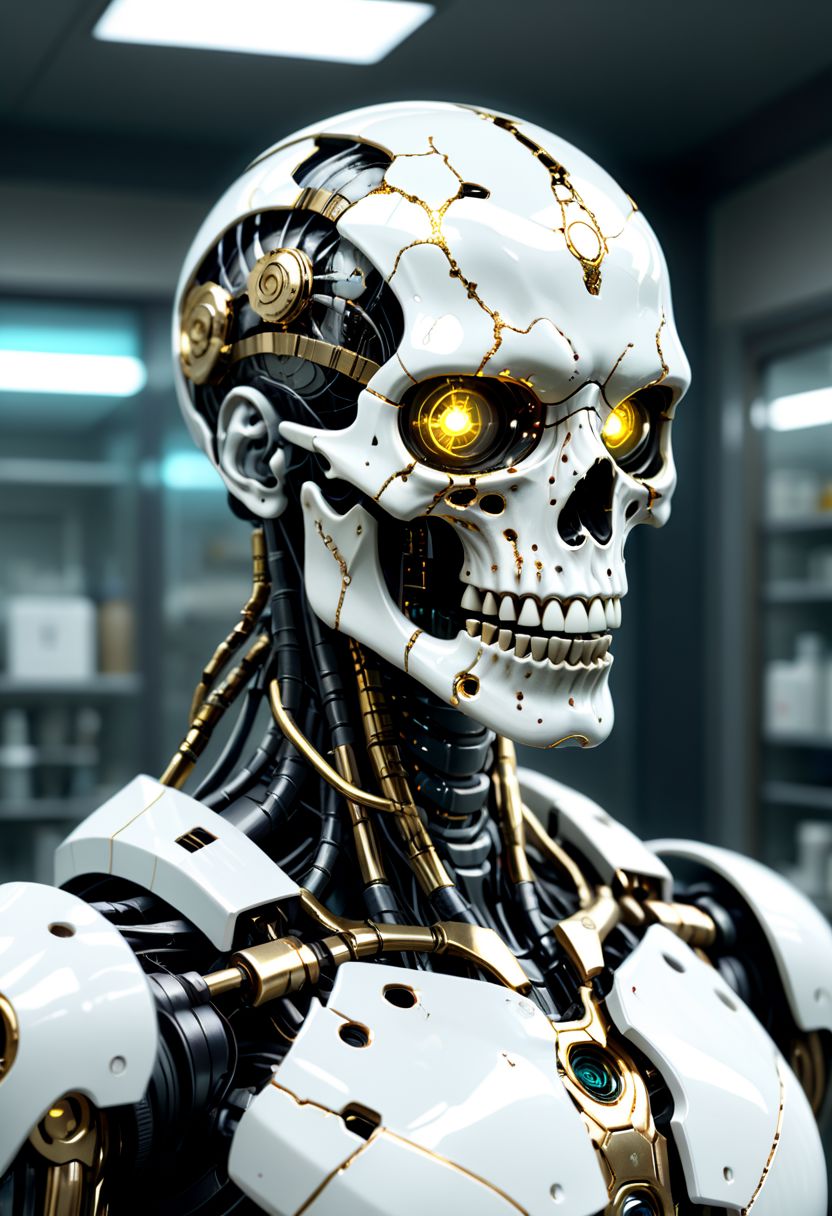 tribal warpaint, Cyberpunk,sci-fi,dark-fantasy,kodak portrait 400,8k,soft light,volumetric lighting,highly detailed,britt marling style 3/4,portrait photo of a war man cyborg robot in a chemical laboratory + face,face is skullbone with scares and cracks,intricate,elegant,highly detailed,kintsugi,white and gold,repaired with gold,2D motifs detailed dark fantasy digital painting,artstation,concept art,smooth,sharp focus,illustration. Cosmic light in backfront,