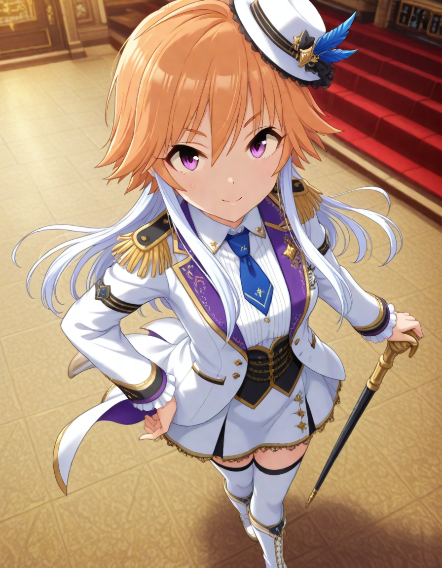 masterpiece,best quality,absurdres,official art,official style,source_anime,anime screencap,anime coloring,
<lora:Hyper-SDXL-8steps-lora:1>,
<lora:Asuka_IL:1>,asukachang,1girl, solo,light brown hair, long hair, multicolored hair, white hair, two-tone hair,purple eyes, 
white thighhighs, full body, looking at viewer, boots, white jacket, white skirt, cane, from above, frills, mini hat,white hat,blue necktie,dynamic pose,stage,seductive smile
