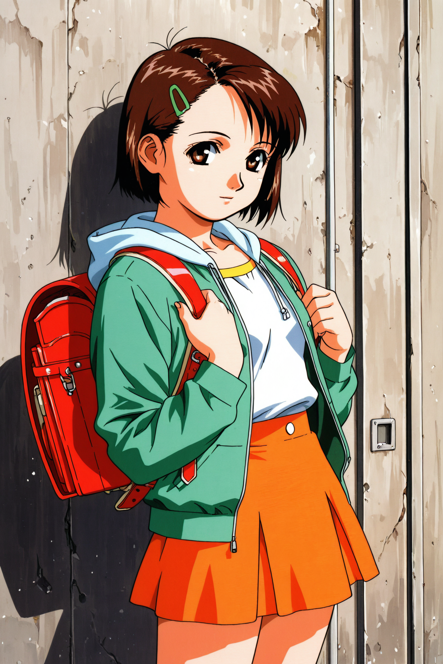 Asami Igarashi,1girl,solo,bag,backpack,hair ornament,short hair,hairclip,brown hair,black hair,skirt,hood,randoseru,jacket,brown eyes,retro artstyle,1990s \(style\),
<lora:Yasuomi Umetsu_illustriousXL:0.8>,