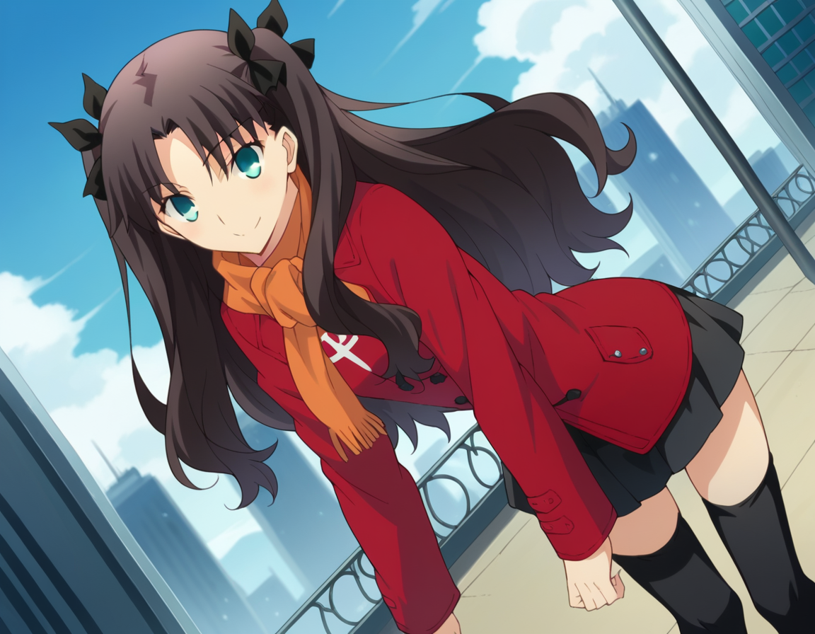 score_9, score_8_up, score_7_up, source_anime,
rintohsaka, <lora:rin-tohsaka-ubw-ponyxl-lora-nochekaiser:1>,
rin tohsaka, aqua eyes, black hair, hair ribbon, long hair, ribbon, sidelocks, two side up, parted bangs,
skirt, thighhighs, long sleeves, pleated skirt, black thighhighs, black skirt, scarf, zettai ryouiki, coat, red coat, orange scarf,
outdoors, cityscape, smile, bent over,
looking at viewer, dutch angle, cowboy shot,