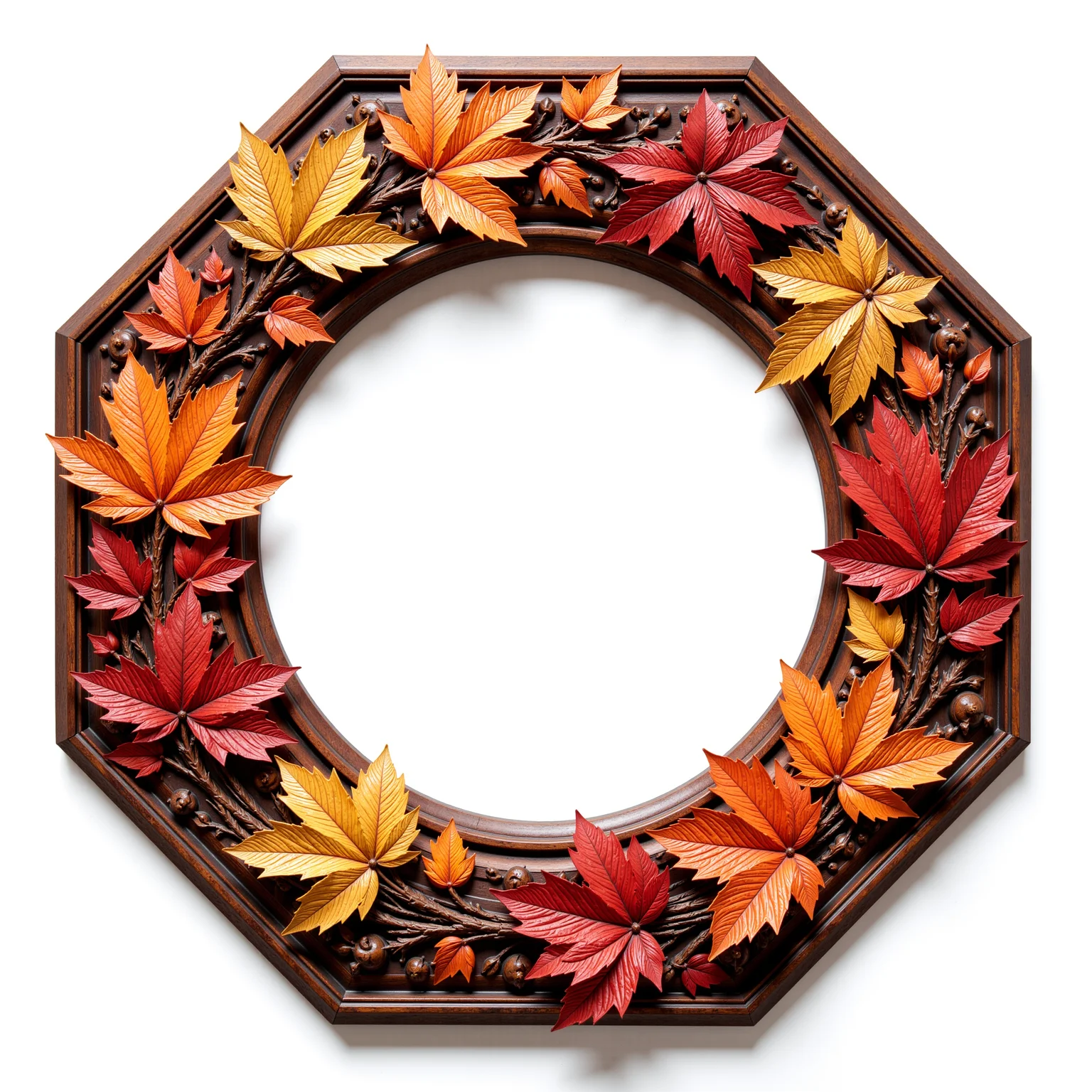 "A high detailed hexagonal tokenframe on a white background with an empty white center. Design of: rich dark red mahogany wood and an explosion of autumn leaves in red, gold, and orange. Intricate carvings and bevelled edges with a polished finish. Centuries-old craftsmanship, vibrant colors, intricate details, elegant and luxurious. Stylized token ring design featuring swirling autumn leaves and detailed wood grain. Polished to a high sheen, catching the light beautifully. The empty white center adds focus on the detailed frame. High quality art, detailed textures, rich dark red tones contrasted with bright autumn hues. Art nouveau-inspired design elements, elegant curves, symmetrical patterns, intricate detailing, and fine craftsmanship. The leaves seem to glow with vibrant reds, yellows, and oranges, while the mahogany wood has a deep, rich texture with subtle reflections. The overall composition is balanced, emphasizing the craftsmanship and natural beauty of both materials. A stunning piece that combines organic elements with geometric precision, displayed in a gallery setting with soft lighting enhancing its depth and detail. Fine lines and patterns create a three-dimensional feel, capturing attention with its elegance and contrast between light and dark elements."