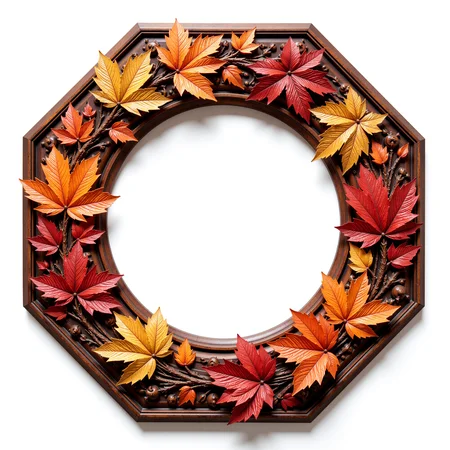 "A high detailed hexagonal tokenframe on a white background with an empty white center. Design of: rich dark red mahogany wood and an explosion of autumn leaves in red, gold, and orange. Intricate carvings and bevelled edges with a polished finish. Centuries-old craftsmanship, vibrant colors, intricate details, elegant and luxurious. Stylized token ring design featuring swirling autumn leaves and detailed wood grain. Polished to a high sheen, catching the light beautifully. The empty white center adds focus on the detailed frame. High quality art, detailed textures, rich dark red tones contrasted with bright autumn hues. Art nouveau-inspired design elements, elegant curves, symmetrical patterns, intricate detailing, and fine craftsmanship. The leaves seem to glow with vibrant reds, yellows, and oranges, while the mahogany wood has a deep, rich texture with subtle reflections. The overall composition is balanced, emphasizing the craftsmanship and natural beauty of both materials. A stunning piece that combines organic elements with geometric precision, displayed in a gallery setting with soft lighting enhancing its depth and detail. Fine lines and patterns create a three-dimensional feel, capturing attention with its elegance and contrast between light and dark elements."